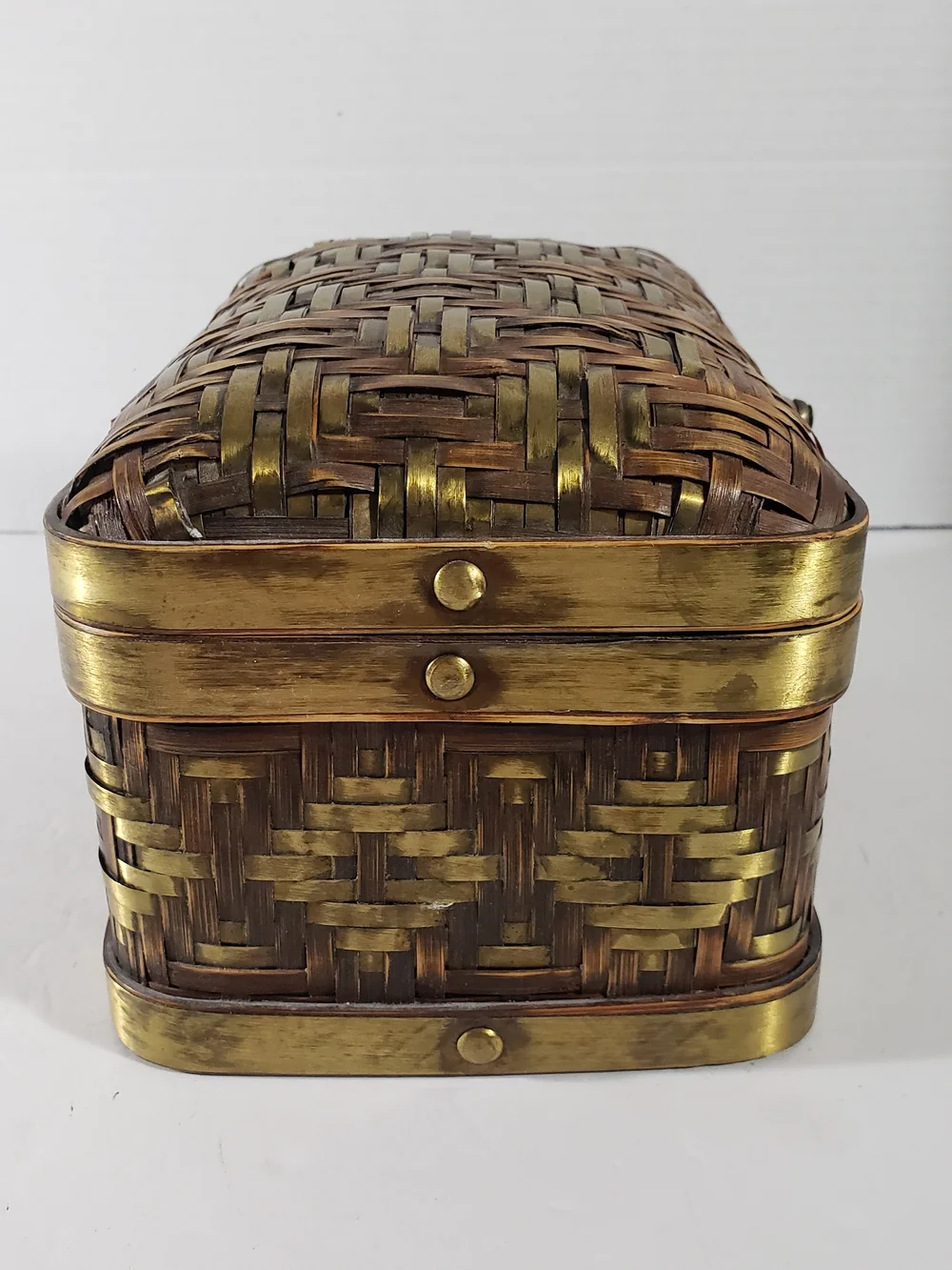 Vintage Woven Bamboo Basket Box Trunk Brass Trim Hardware Latch Boho Chest